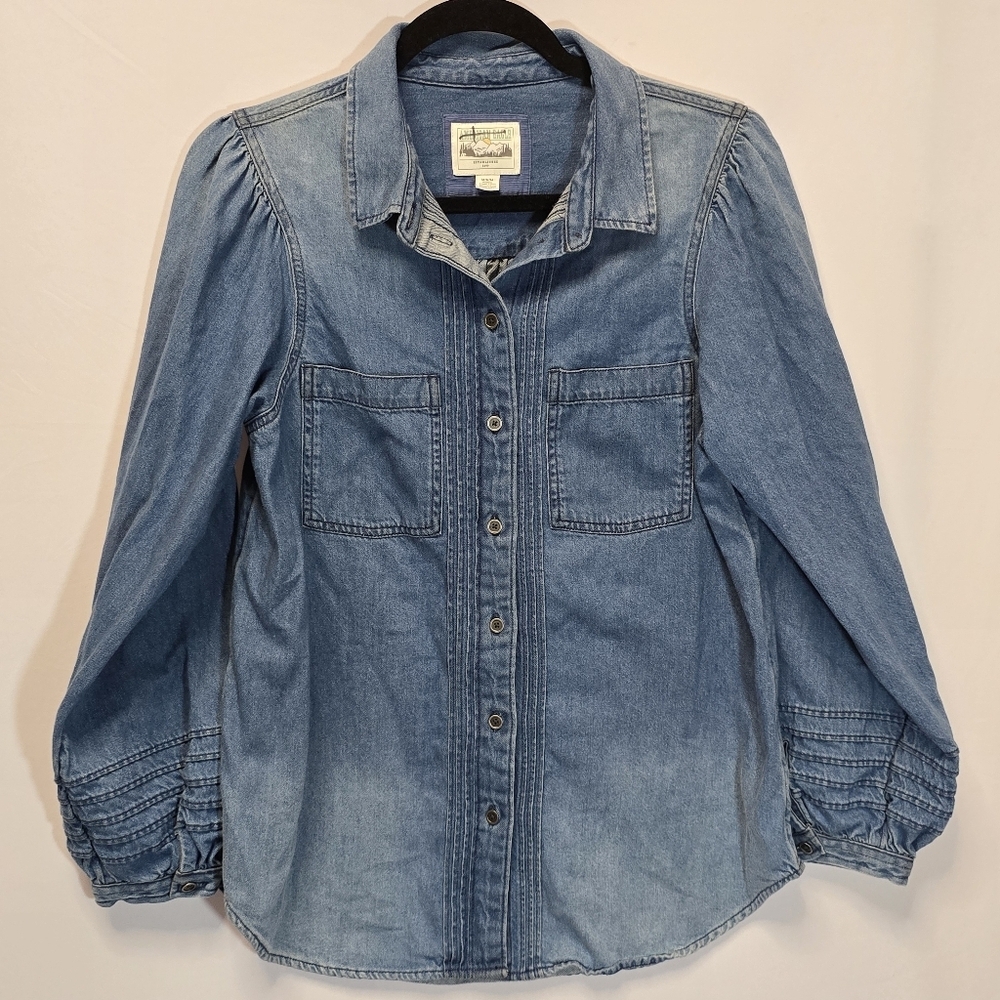 American Eagle Blue Denim Button Front Shirt Puff Sleeve Country Cowgirl, Sz M